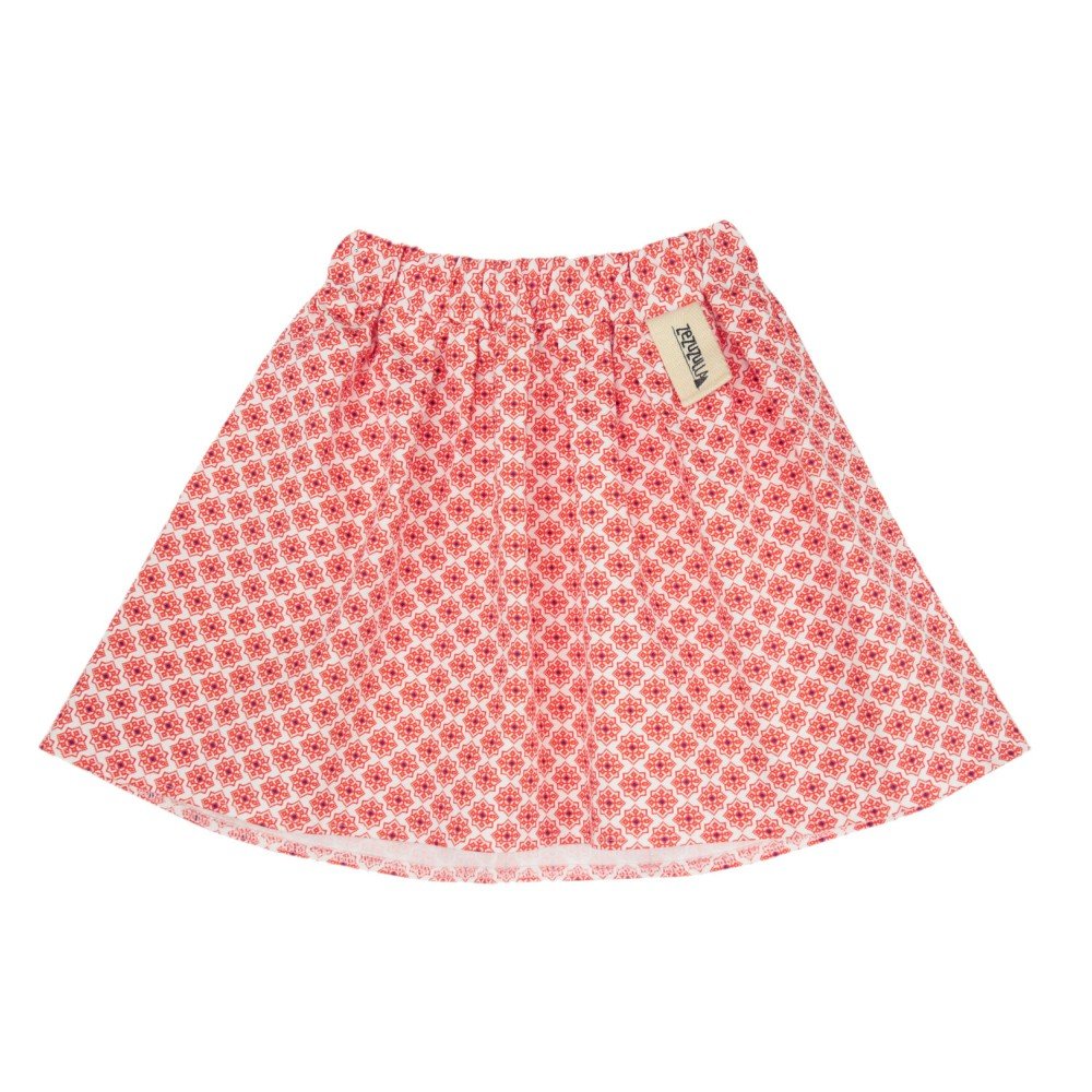 4. Flat lay of Zezuzulla kids' skirt in red and white geometric print with elastic waistband