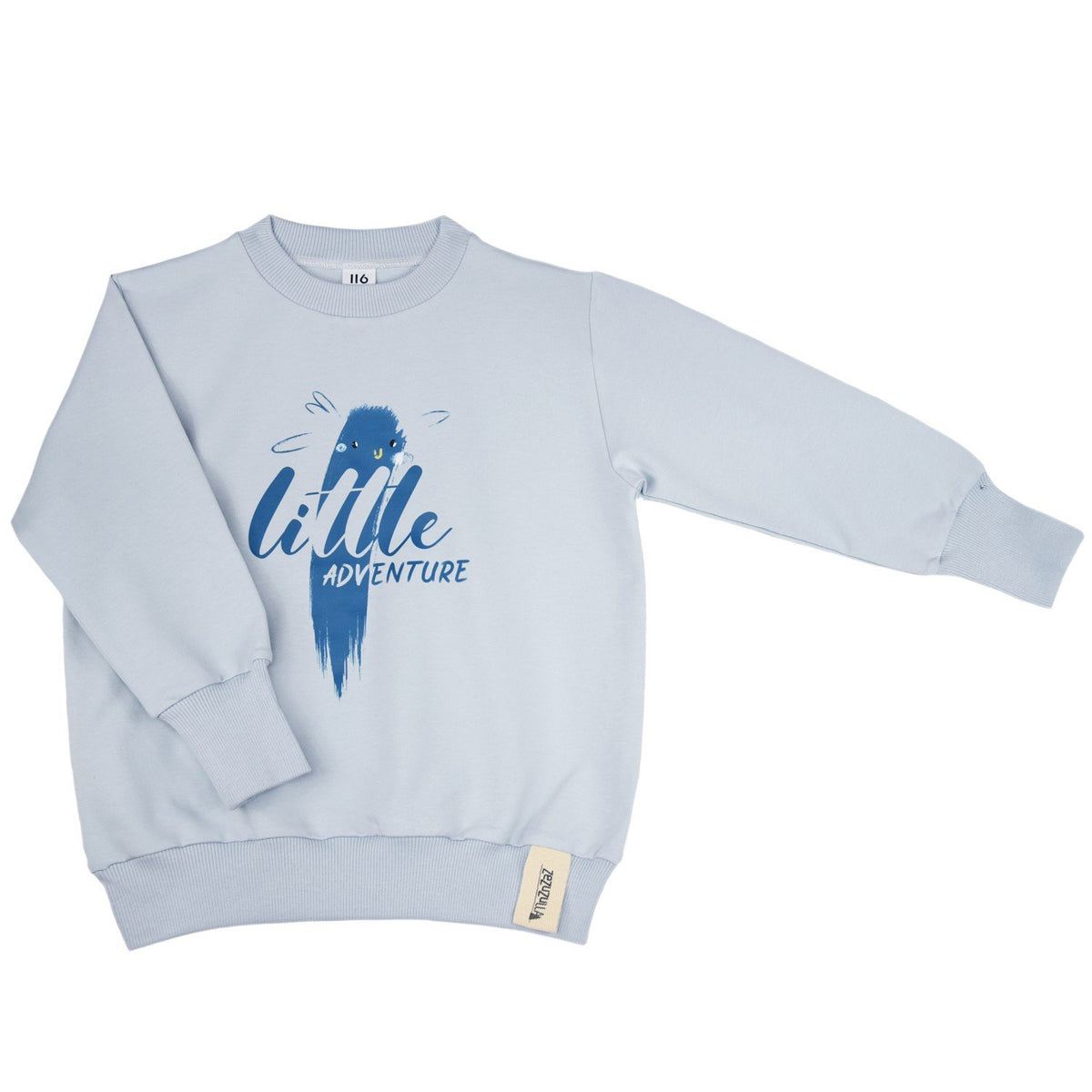 2. Light blue Zezuzulla sweatshirt with 'Little Adventure' print on white background