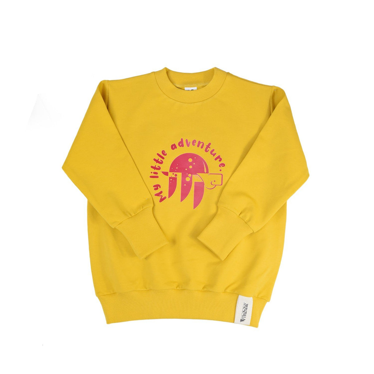 2. Kids' yellow sweatshirt with pink turtle print and 'My little adventure' text, made from soft cotton blend by Zezuzulla, shown in flat lay on white background