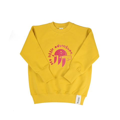 2. Kids' yellow sweatshirt with pink turtle print and 'My little adventure' text, made from soft cotton blend by Zezuzulla, shown in flat lay on white background