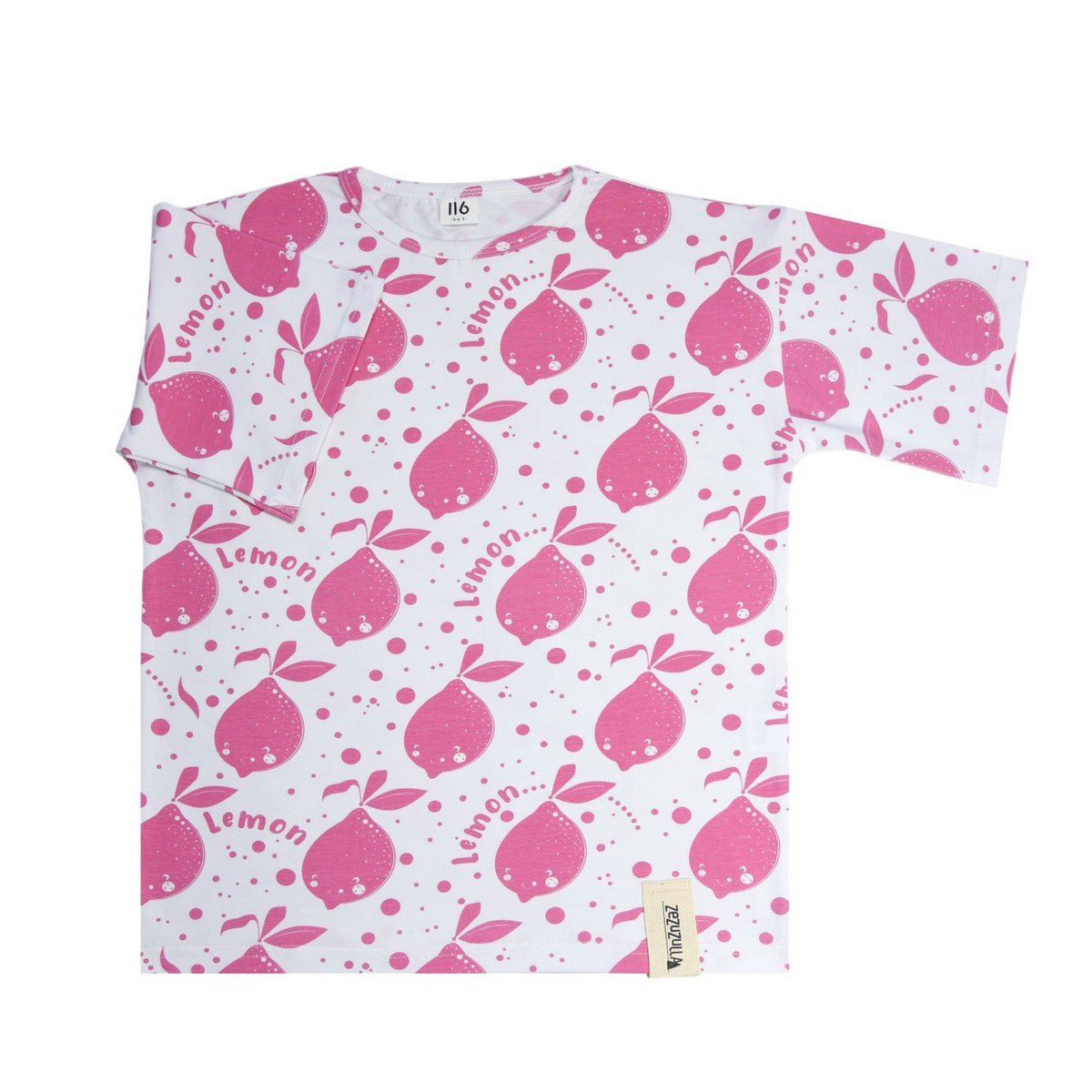 4. Flat lay of Zezuzulla kids' white T-shirt with pink lemon pattern, showcasing design and brand tag