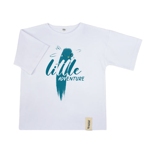 2. White Zezuzulla T-shirt with 'little adventure' text and graphic, shown flat on a white background
