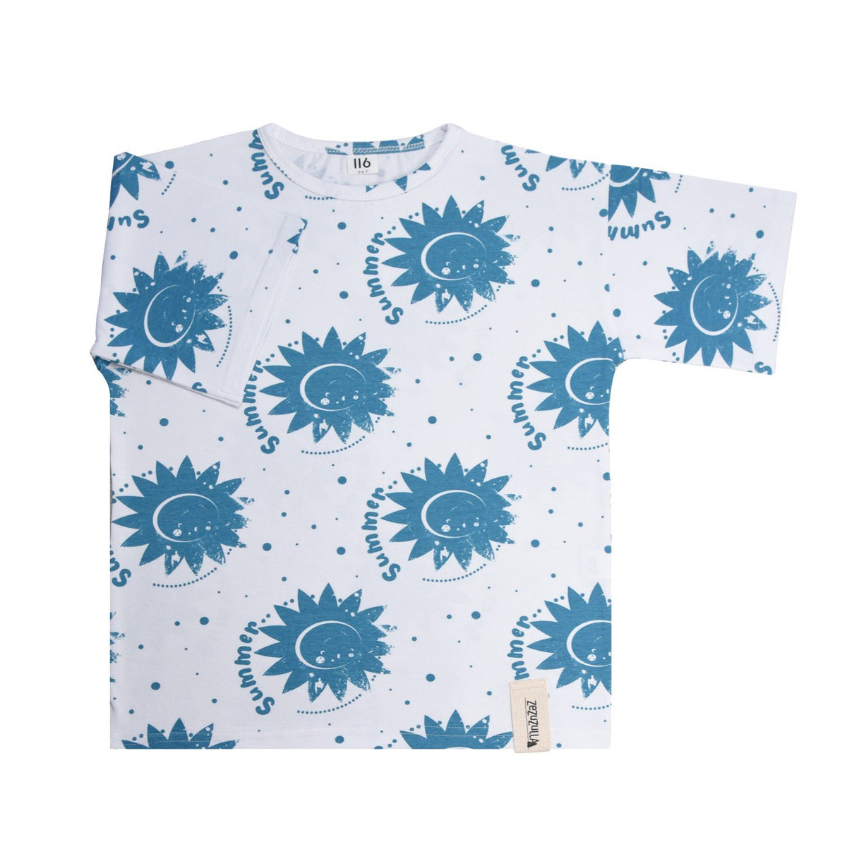 4. Flat lay of kids' white T-shirt with blue sun prints and 'Summere' text, made from 100% OEKO-TEX cotton by Zezuzulla, showcasing playful design and soft material