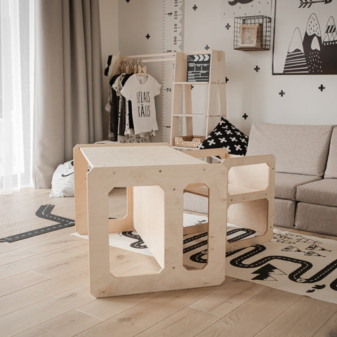 5. Natural wood Montessori table and chair set in a modern living room with neutral decor