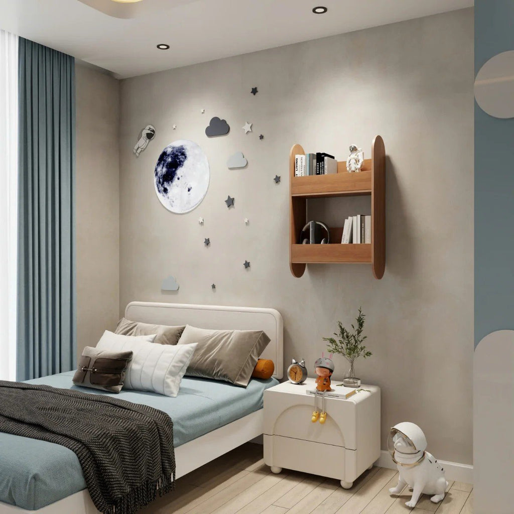 3. Kids wooden bookshelf in a bedroom setting with space-themed decor, mounted on wall