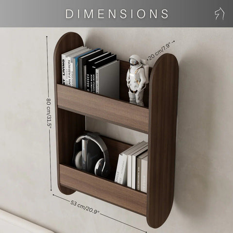 2. Dimensions of kids wooden bookshelf in dark wood finish with books and toys, wall-mounted