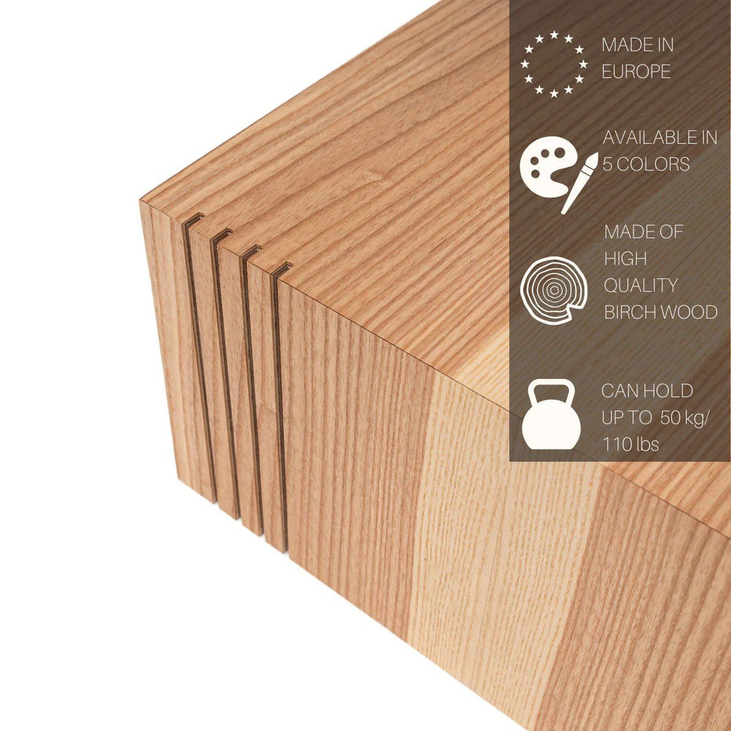 3. Close-up of birch plywood plant stand with text overlay highlighting features like European origin and 50 kg weight capacity