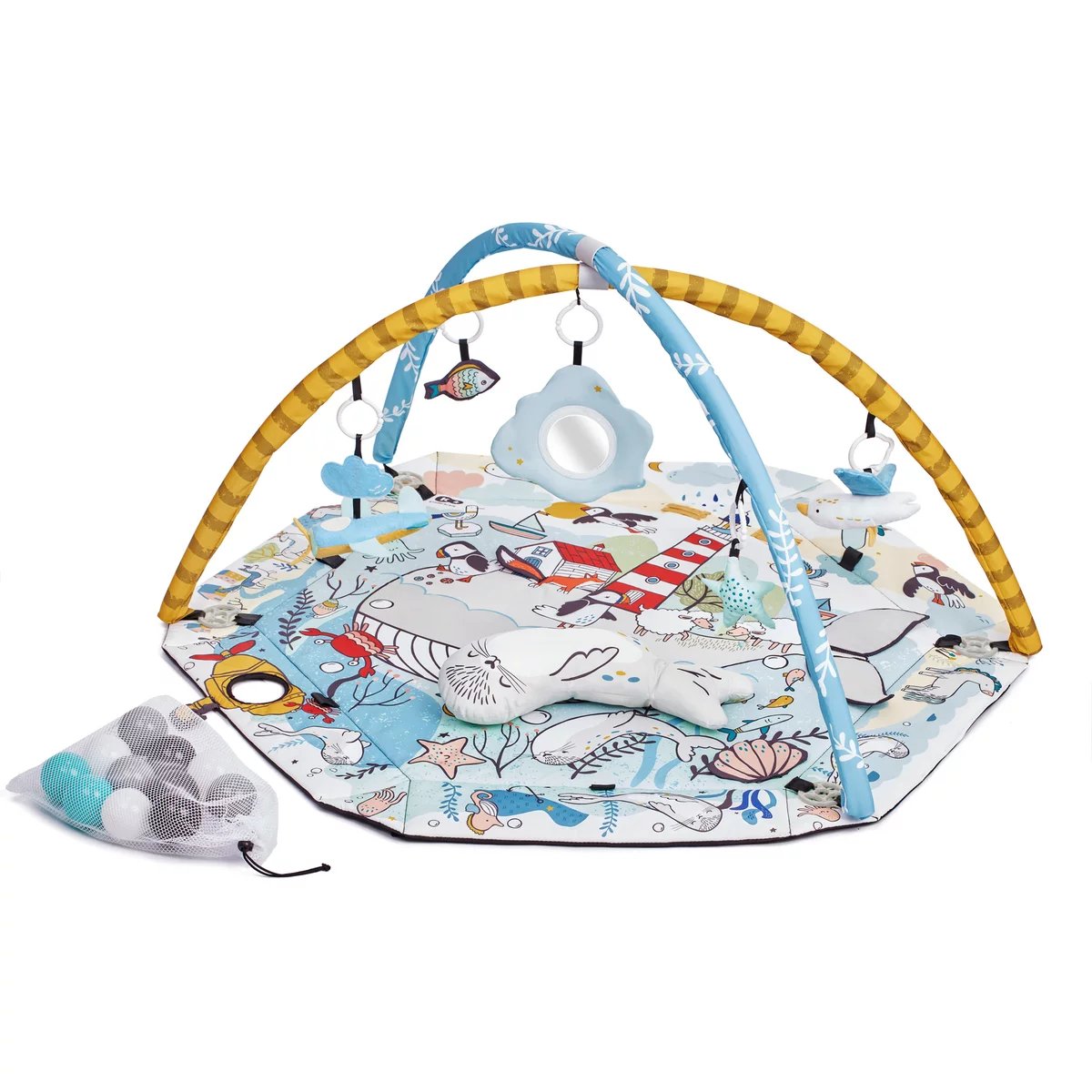 11. Kinderkraft Smartplay Sea playmat with plush toys and colorful balls on white background