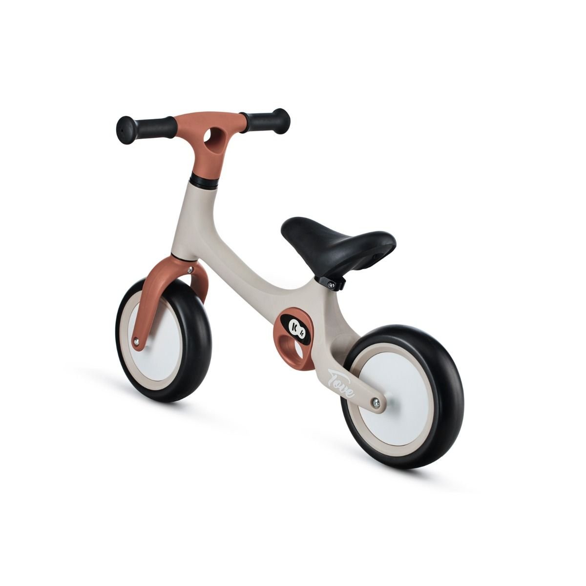 3. Rear angle of beige Kinderkraft TOVE balance bike with black seat and foam wheels