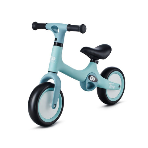 2. Mint green Kinderkraft TOVE balance bike with black seat and foam wheels, shown in side view on white background