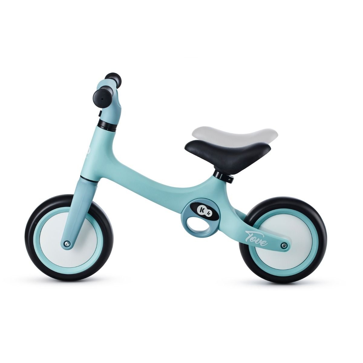 5. Mint green Kinderkraft TOVE balance bike with adjustable seat, shown in side view on white background