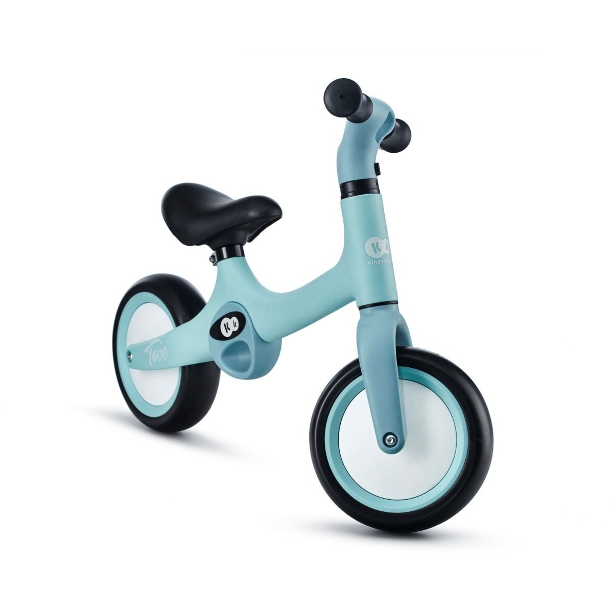 8. Angled front view of mint green Kinderkraft TOVE balance bike with black seat and foam wheels