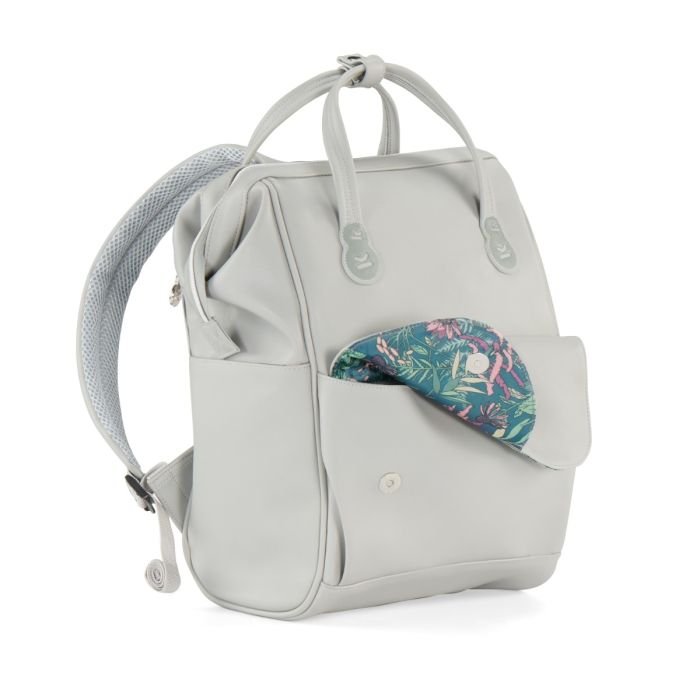 6. Side view of grey Kinderkraft Treasureback backpack with floral print pocket detail