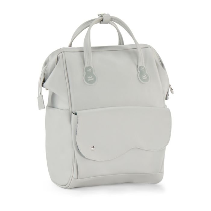 2. Side view of grey Kinderkraft Treasureback diaper backpack showing side pocket and top handles