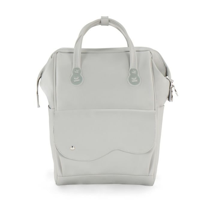 1. Front view of grey Kinderkraft Treasureback diaper backpack with top handles and front pocket