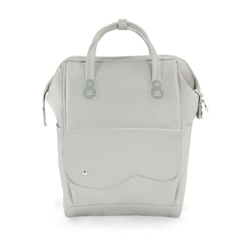 1. Front view of grey Kinderkraft Treasureback diaper backpack with top handles and front pocket