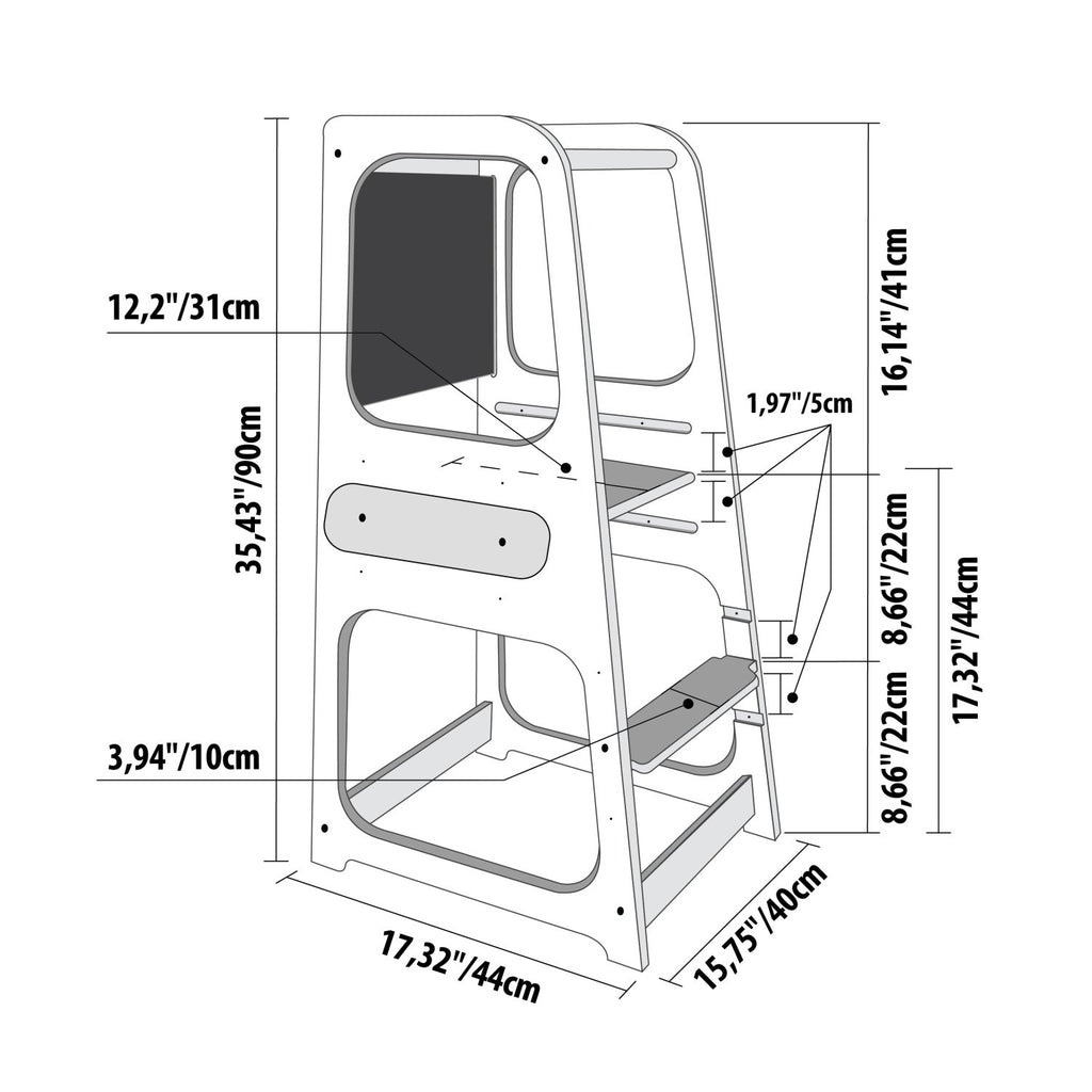 5. Size chart for Montessori kitchen helper tower showing dimensions and adjustable heights