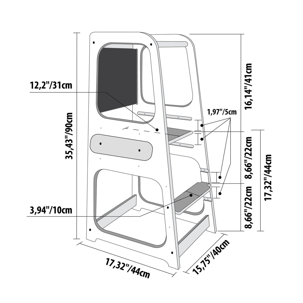 5. Size chart for Montessori kitchen helper tower showing dimensions and adjustable heights