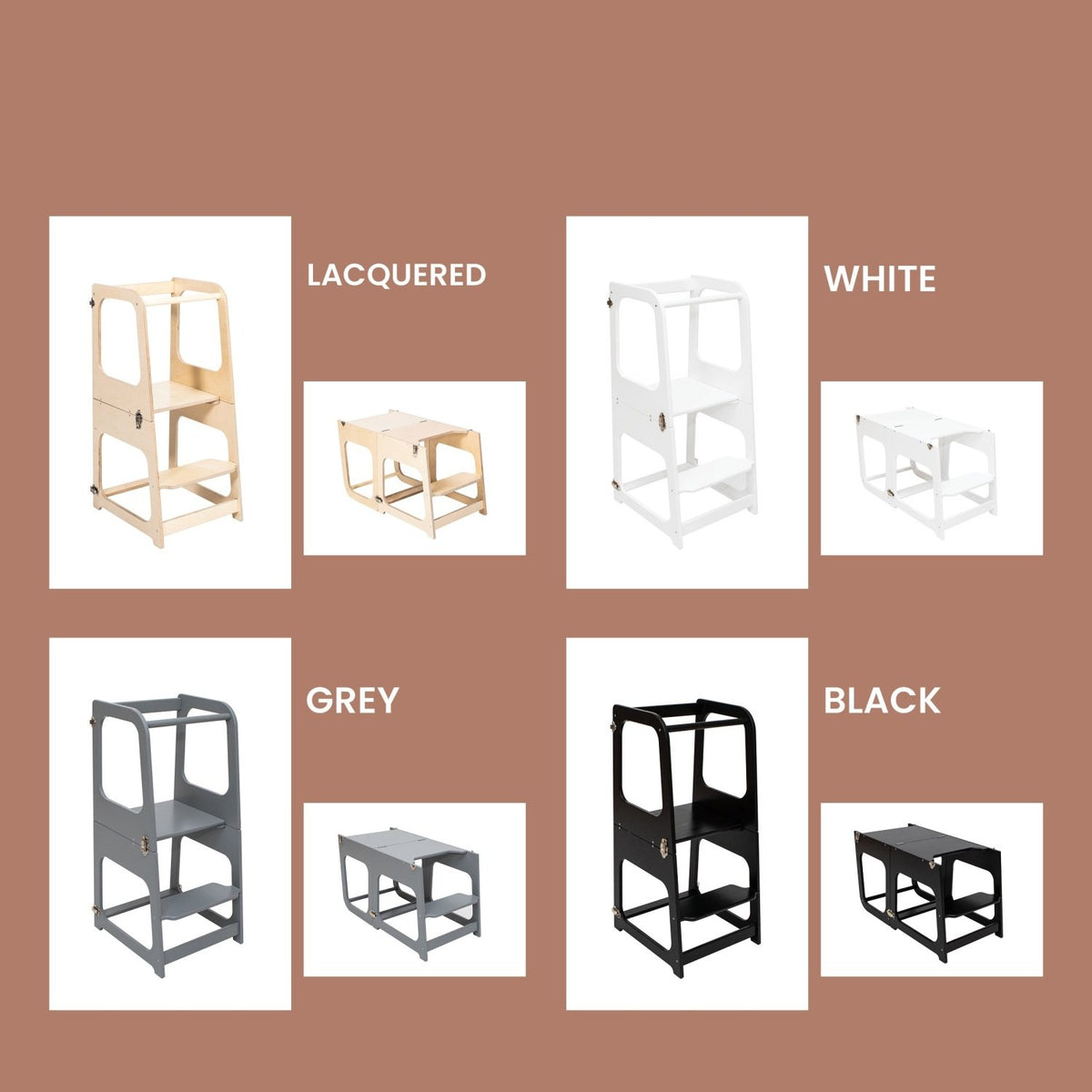 17. Color options for transformable kitchen tower including lacquered, white, grey, and black