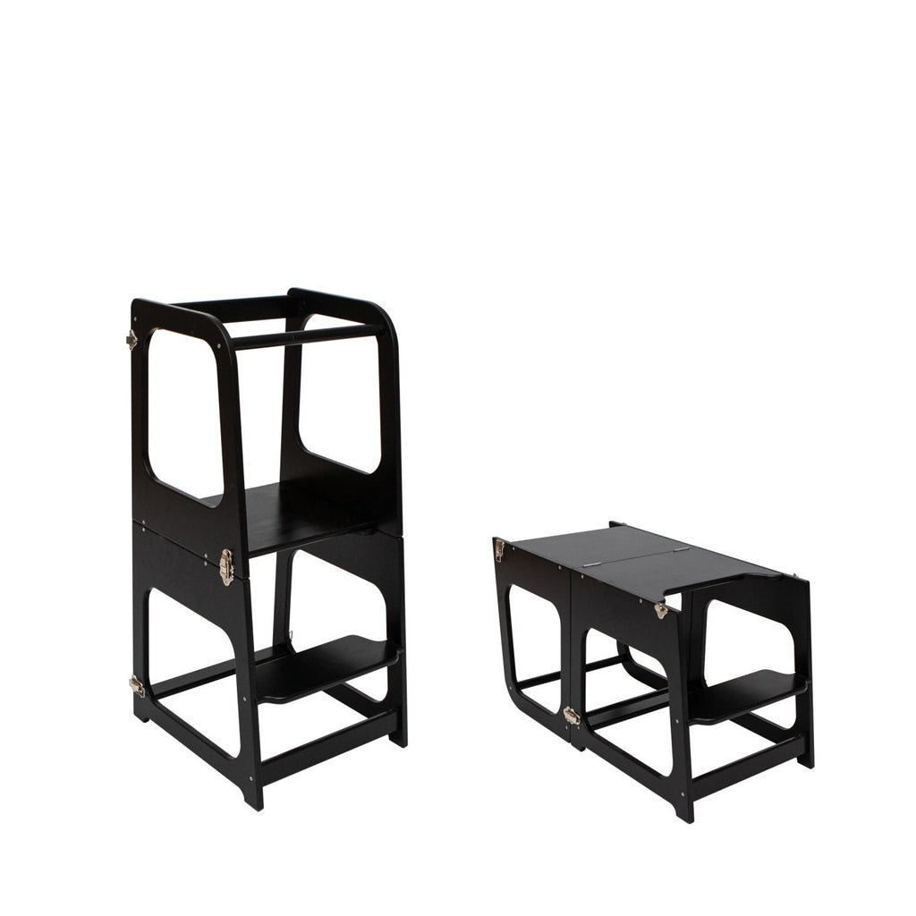 6. Black transformable kitchen tower shown in both step stool and table configurations