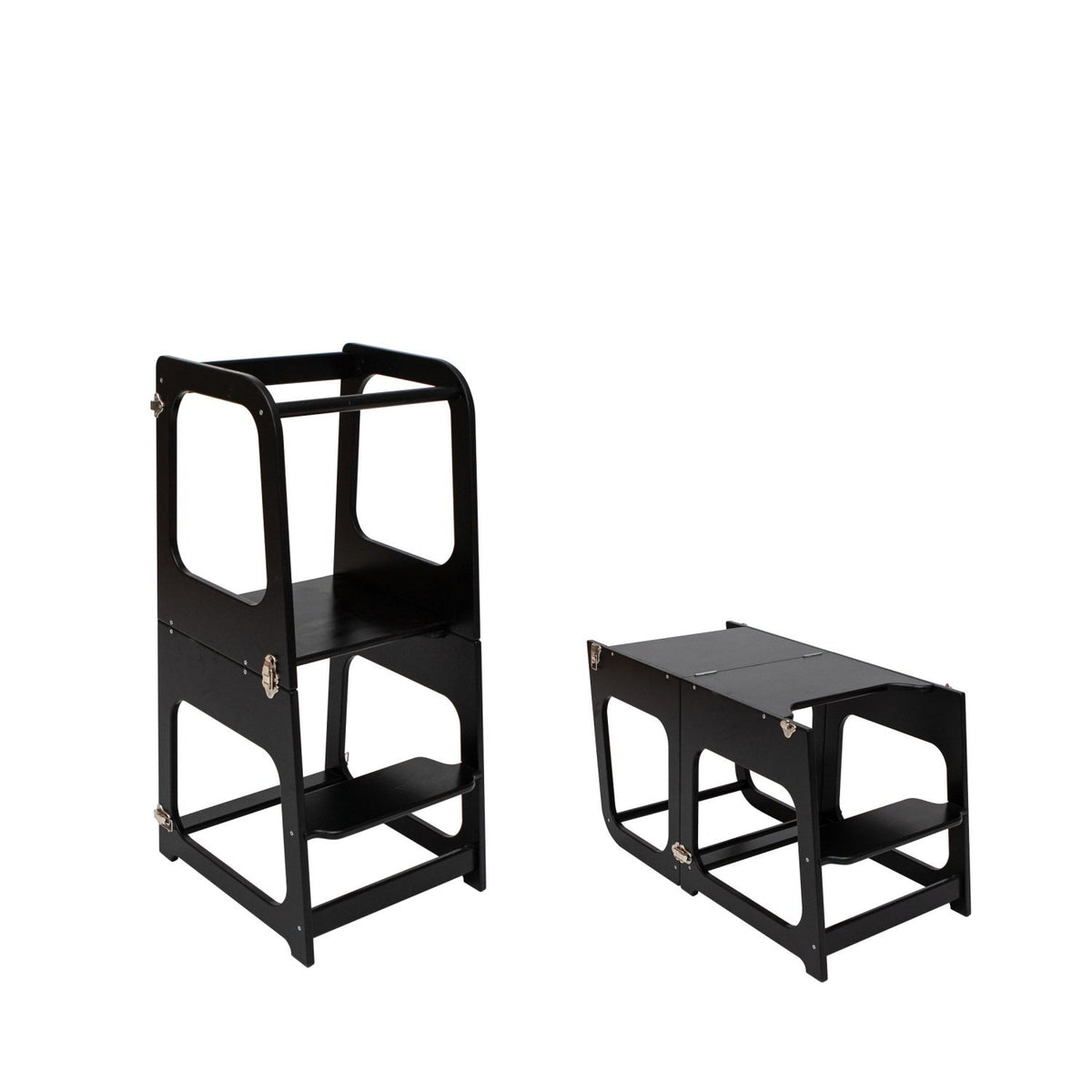 6. Black transformable kitchen tower shown in both step stool and table configurations