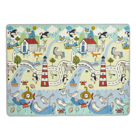 2. Playmat with colorful children's print featuring animals and houses