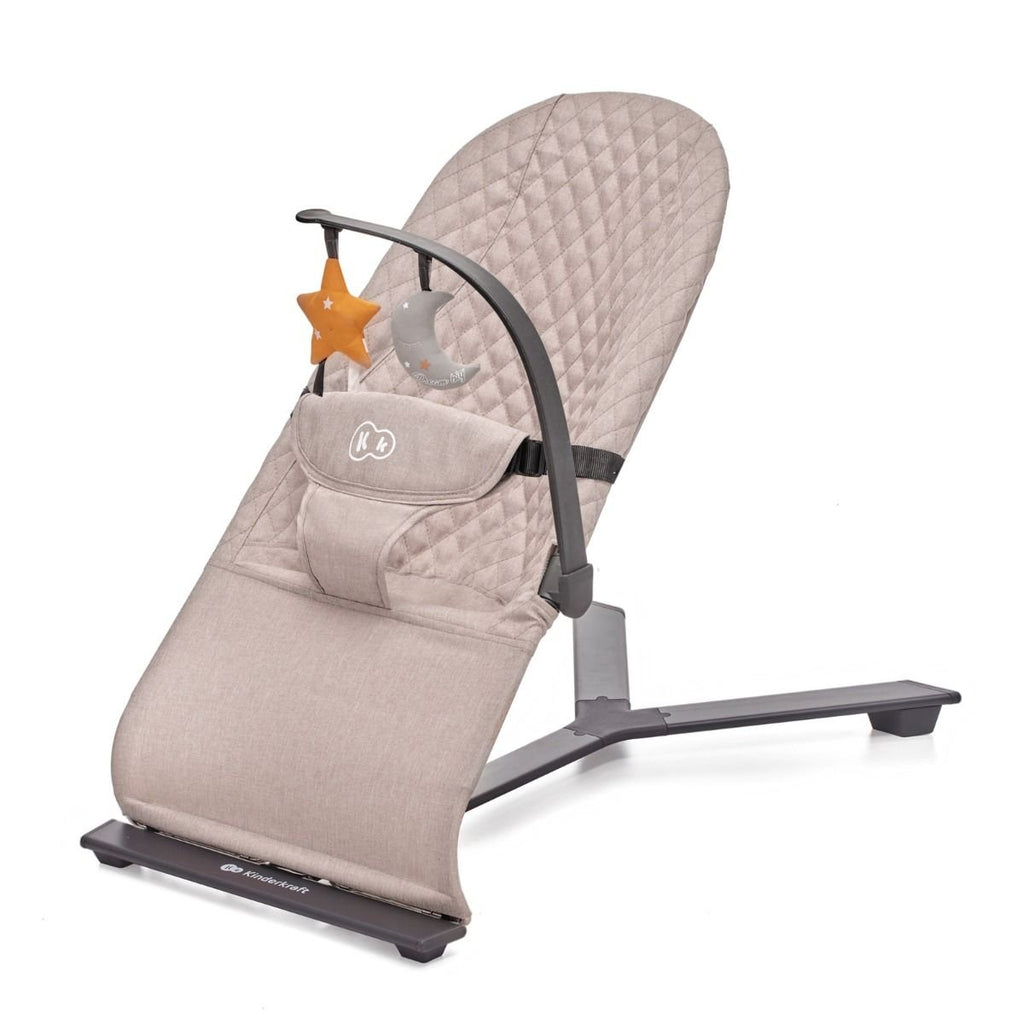 2. Beige Kinderkraft MIMI baby bouncer with quilted fabric and detachable toy bar featuring star and moon toys