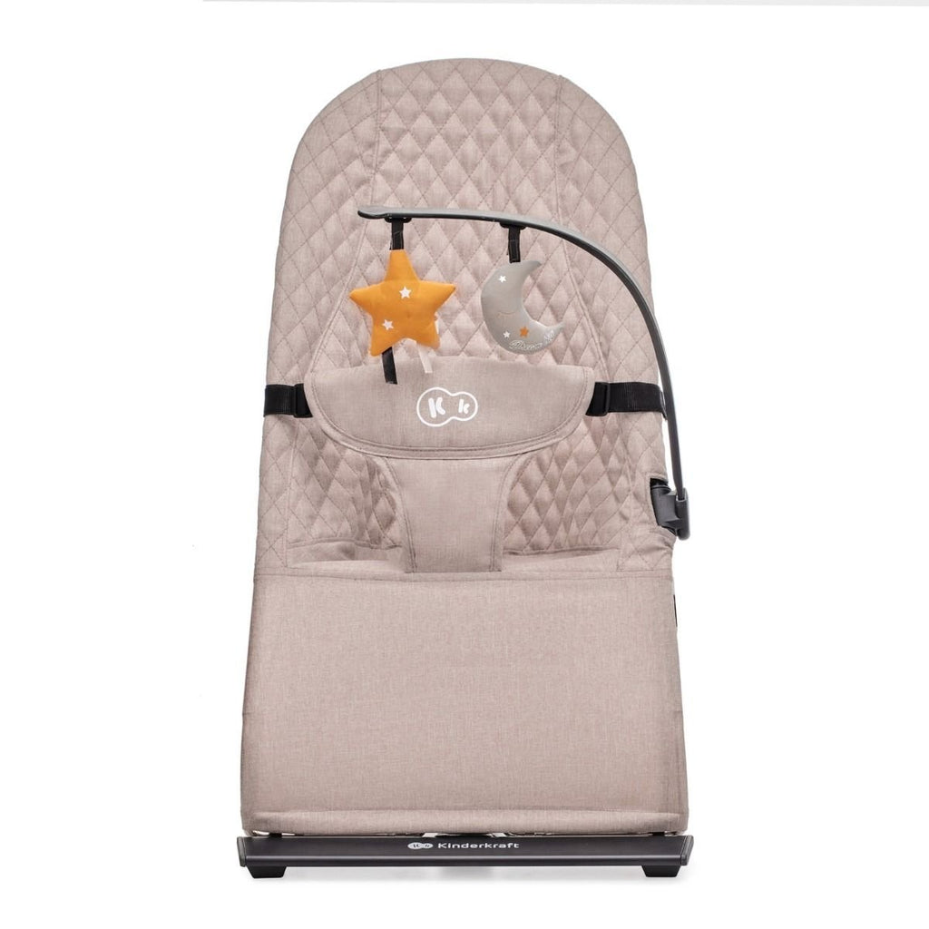 2. Front view of beige Kinderkraft MIMI baby bouncer with quilted fabric and toy bar with star and moon