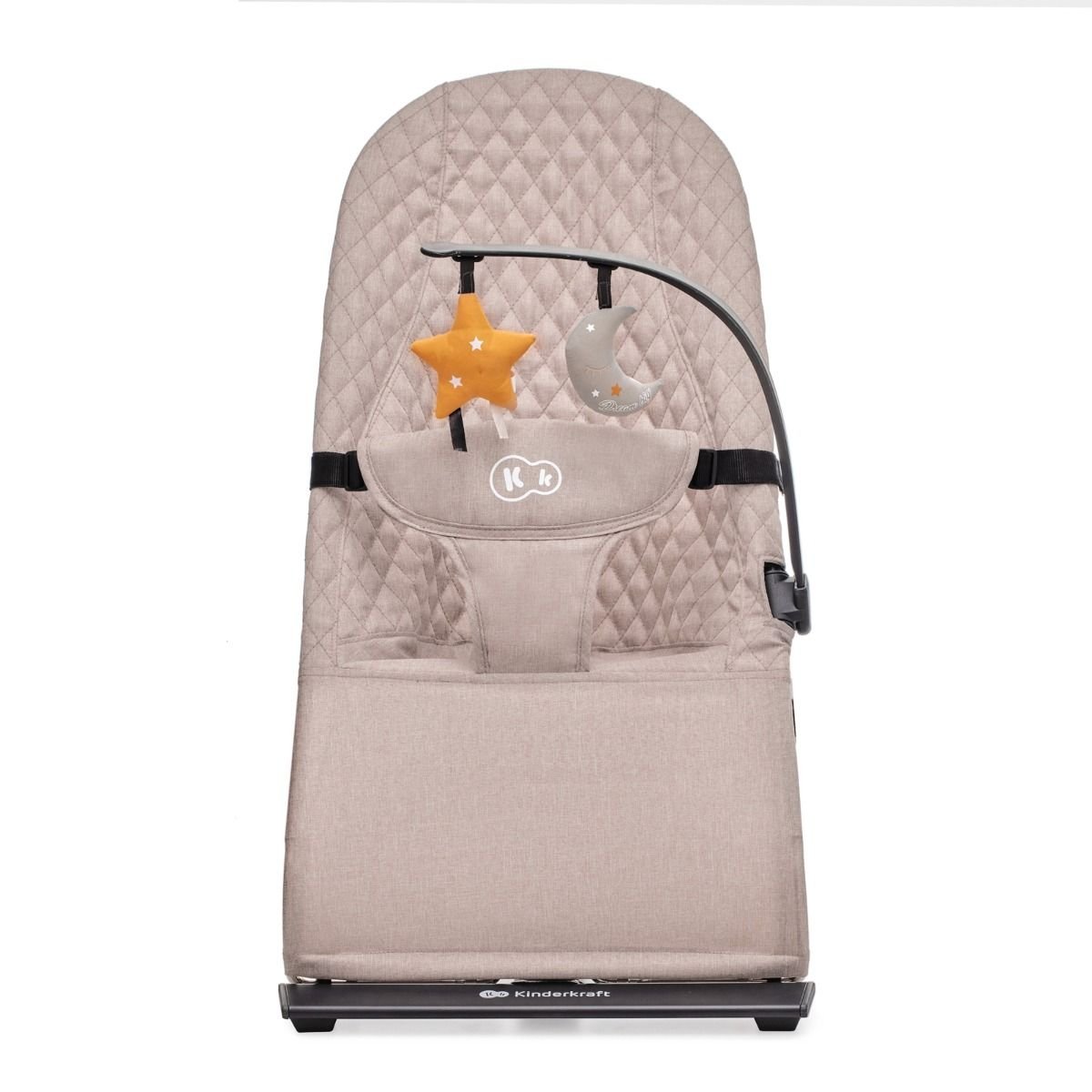 2. Front view of beige Kinderkraft MIMI baby bouncer with quilted fabric and toy bar with star and moon