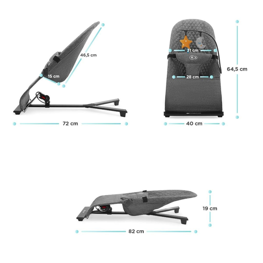 5. Size chart for Kinderkraft MIMI baby bouncer showing dimensions in centimeters