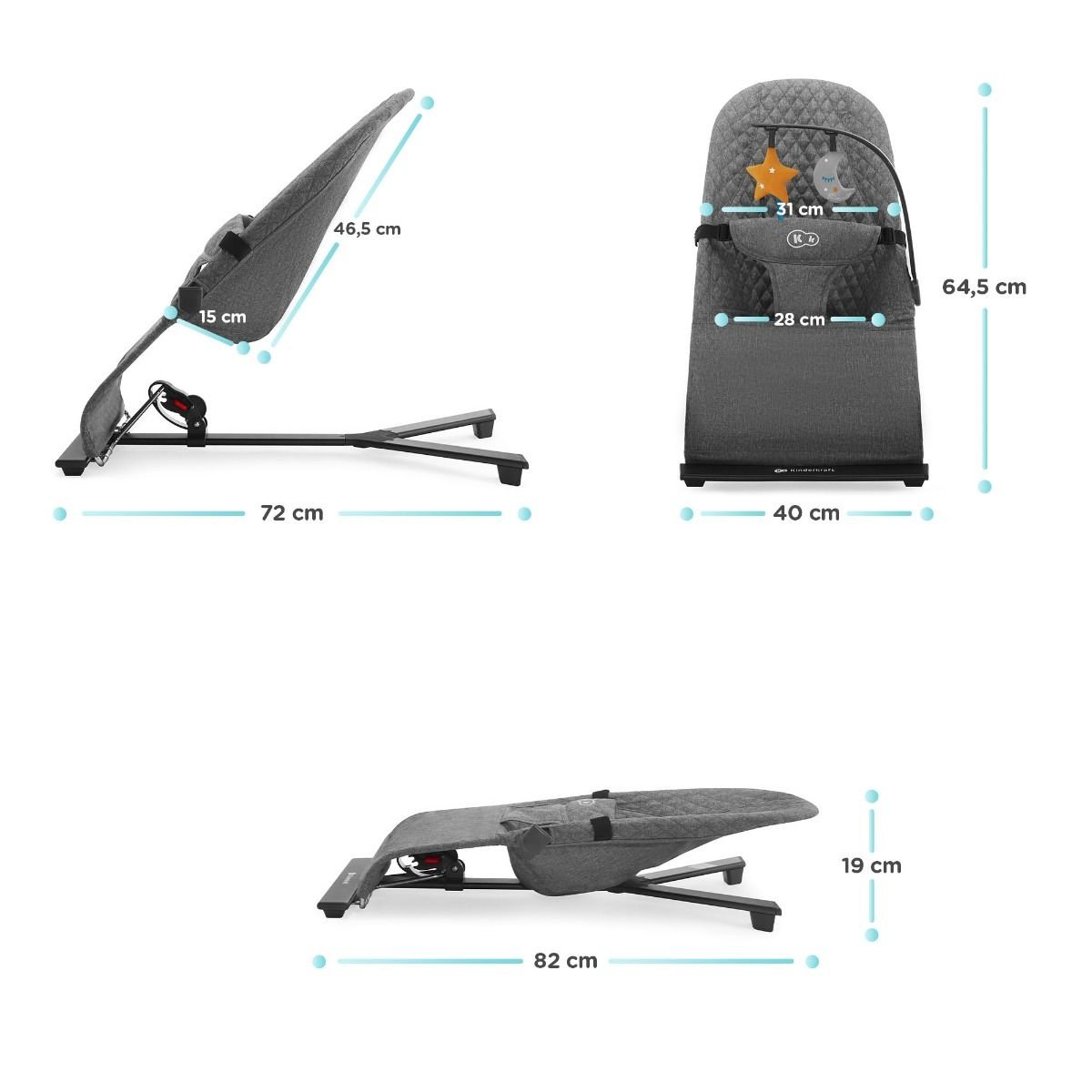 5. Size chart for Kinderkraft MIMI baby bouncer showing dimensions in centimeters