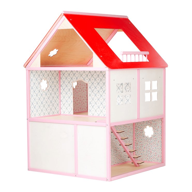 2. Pink and white wooden dollhouse with red roof, featuring floral wallpaper and staircase, shown in studio setting