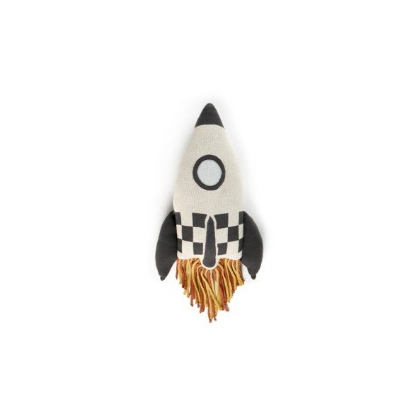 2. Knitted rocket pillow in natural and dark gray with blue details and colorful fringes on white background