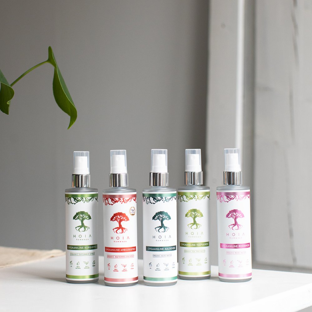 2. Collection of HOIA homespa sprays including Organic Watermelon Spray, displayed on a white surface