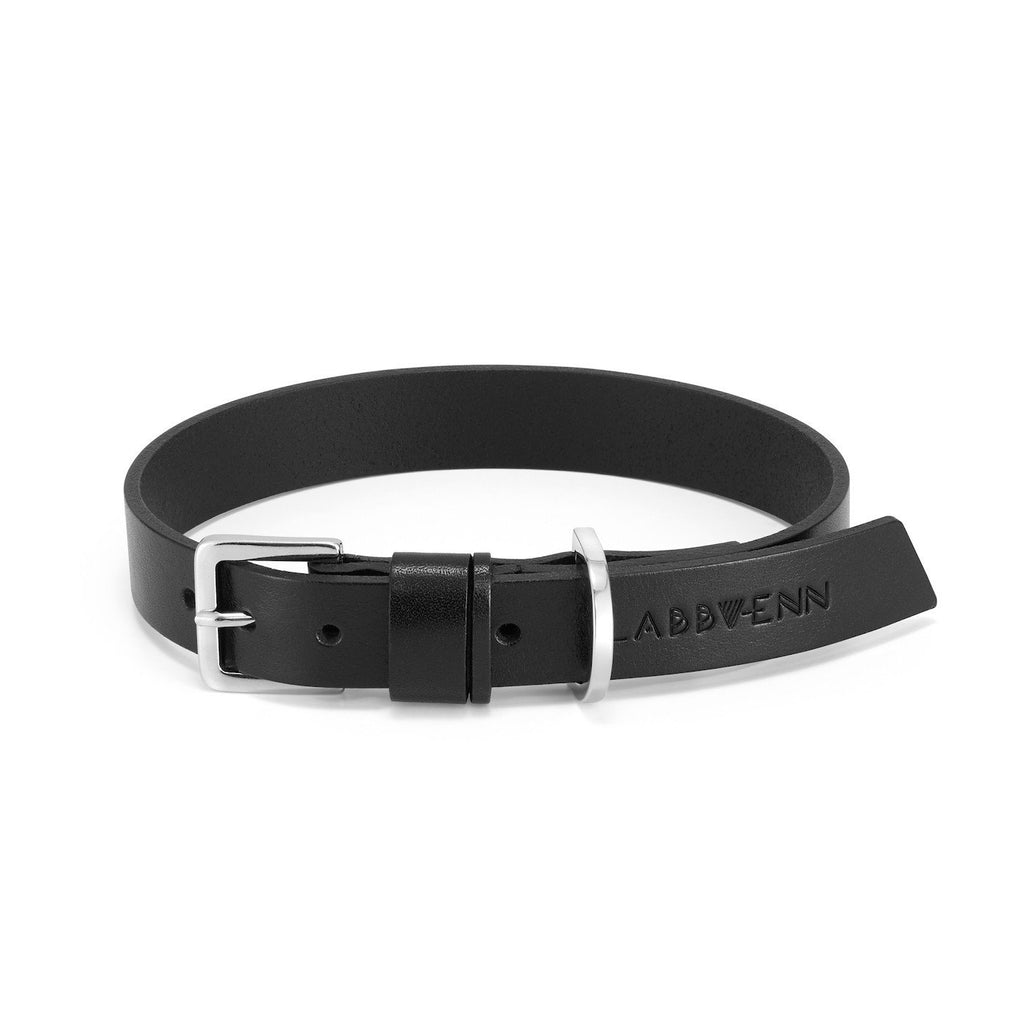 2. Black leather pet collar with silver buckle and embossed Labbvenn logo on white background