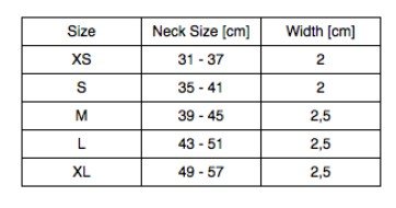 5. Size chart for Kollu Collar showing neck sizes and widths in centimeters for XS to XL