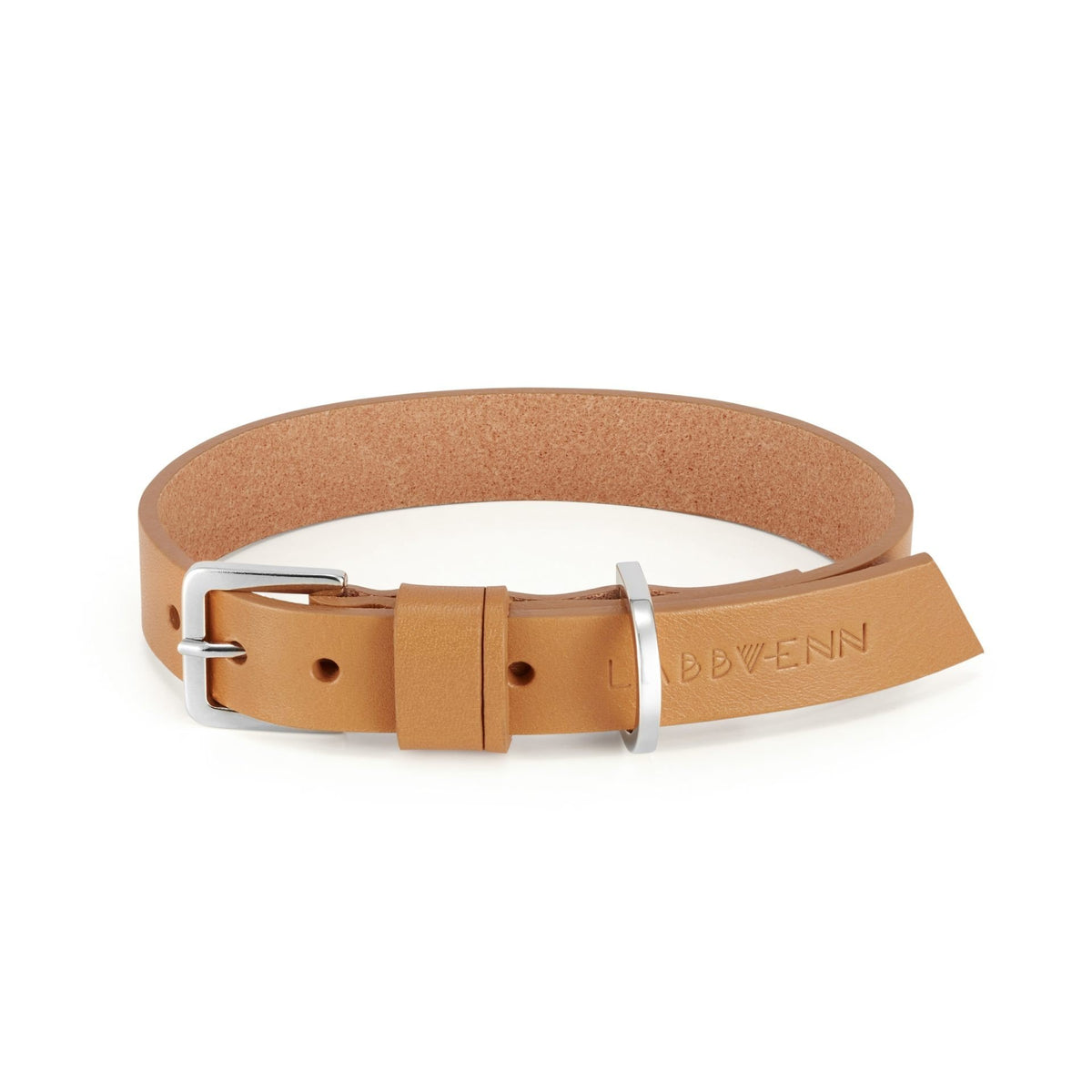 2. Camel leather pet collar with silver buckle and embossed Labbvenn logo on white background