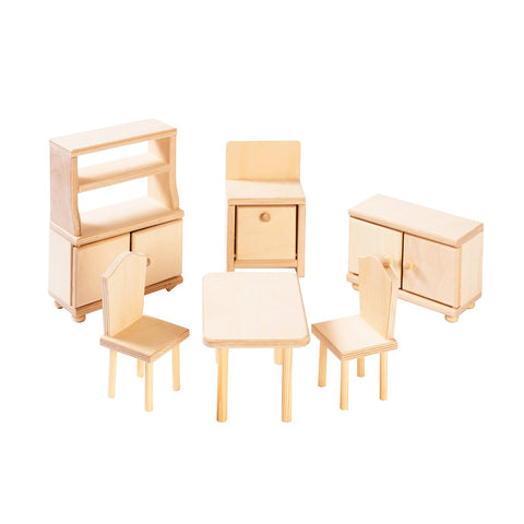 1. Natural wooden dollhouse kitchen furniture set including stove, table, 4 chairs, cupboard, and cabinet by ROOSI Traditional Toys
