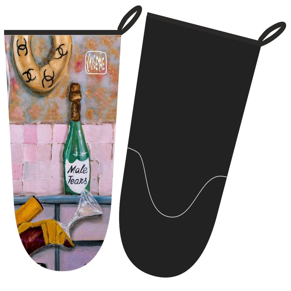 1. Katrin Valgemäe oven glove with pop art design featuring a bottle labeled 'Male Tears' and kitchen elements