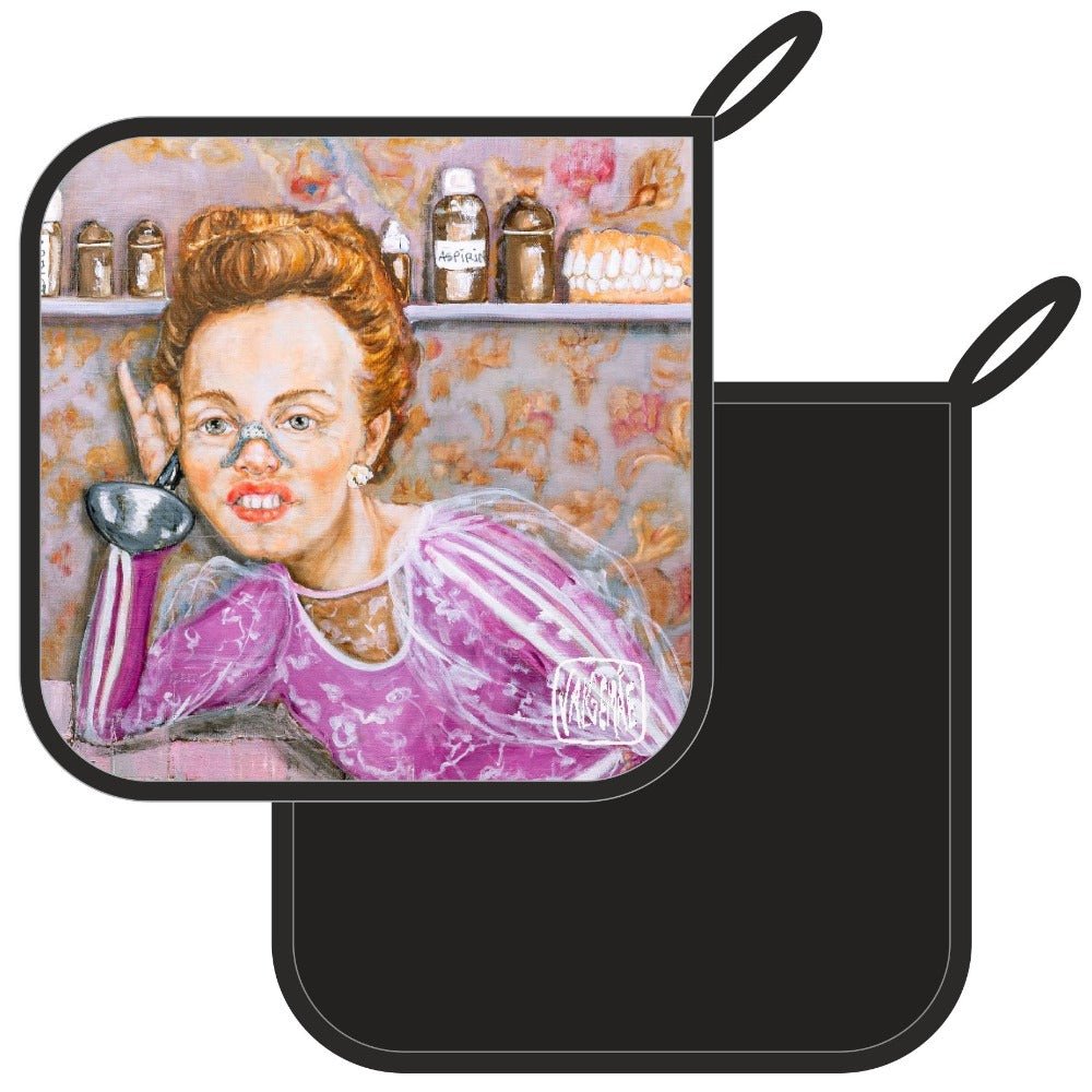 3. Close-up of Katrin Valgemäe pot holder featuring a pop art style painting of a woman in a pink dress with a spoon, set against a kitchen background