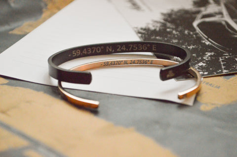 1. Black and rose gold men's bracelets with engraved coordinates, placed on a notebook