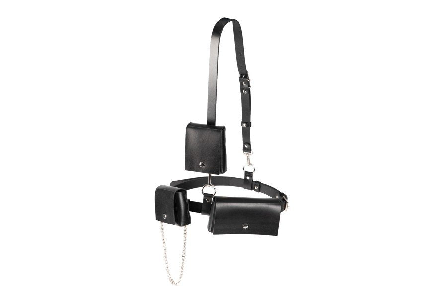 4. Studio image of unisex leather body harness Kora No3 by PYKOK with adjustable strap and three mini bags