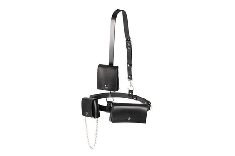 4. Studio image of unisex leather body harness Kora No3 by PYKOK with adjustable strap and three mini bags