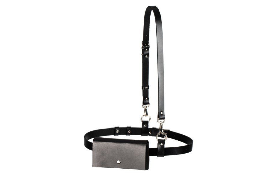 3. Studio image of unisex leather harness Kora No2 by PYKOK with mini bag and adjustable straps