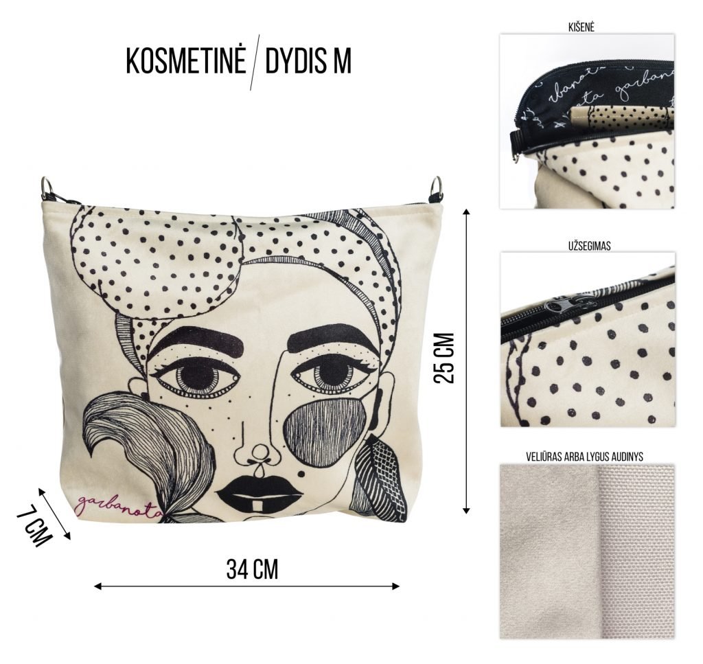 4. Size chart for Garbanota Makeup Bag/Pouch in size M, showing dimensions and fabric details