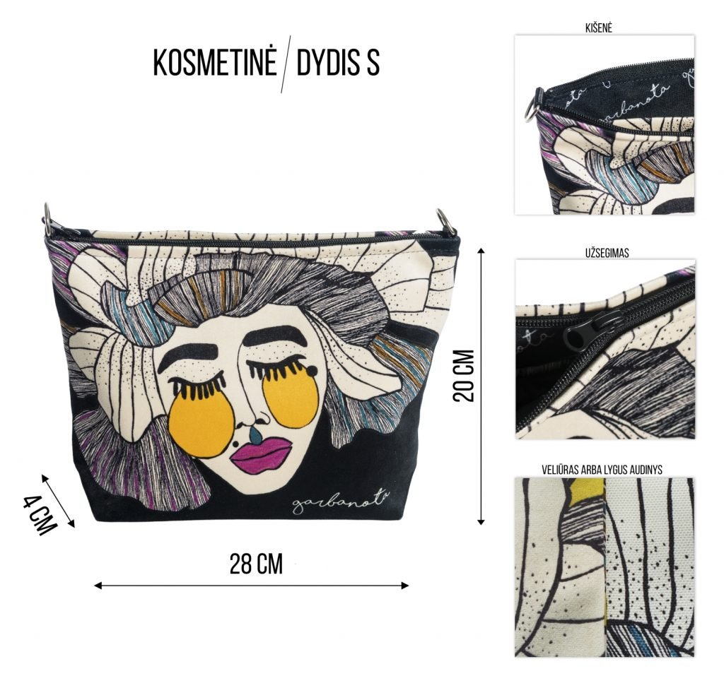 7. Garbanota YOKO cosmetic bag S size with artistic face print, showing dimensions and material details