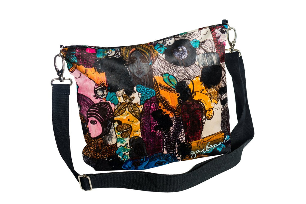 1. Garbanota SHOULDER BAG BOHEMA with original artwork by Dovilė Aleksonė, featuring vibrant colors and adjustable strap, studio shot