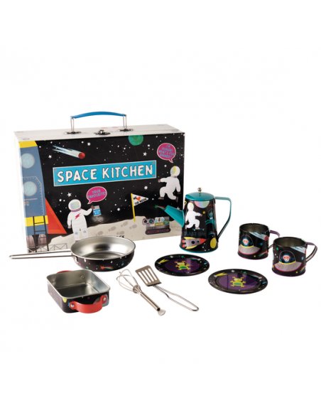 1. Space-themed tea and cooking set for kids with colorful illustrations, including cups, coffee pot, plates, frying pan, oven dish, whisk, and spatula, displayed with a metal case