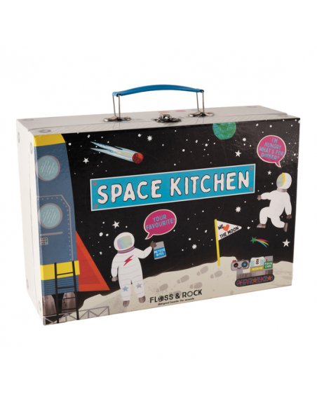 2. Space-themed metal carry case for children's tea set, featuring colorful space illustrations and Floss & Rock branding