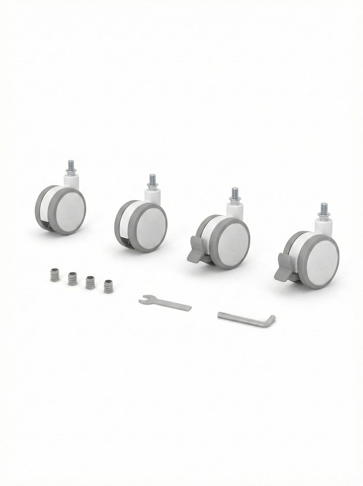 2. Set of four KOTTO crib wheels with rubberized finish, including two lockable wheels, shown with screws and tools on a white background